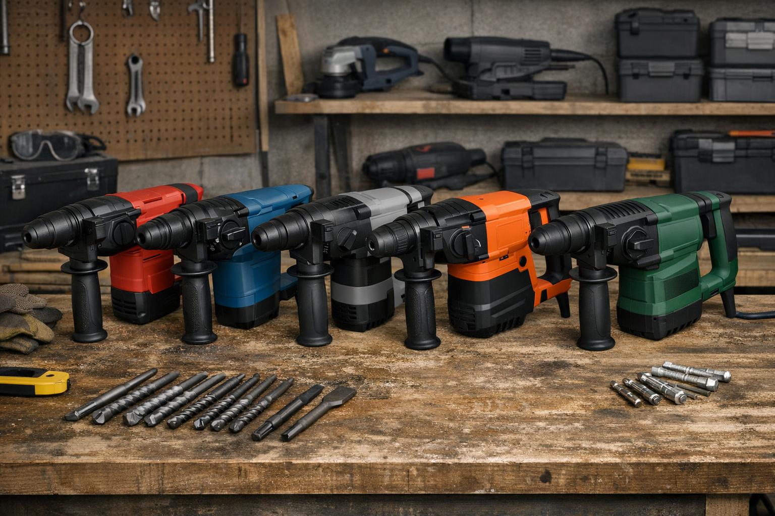 Zdjęcie porównania różnych modeli młotowiertarek SDS Plus na stole warsztatowym