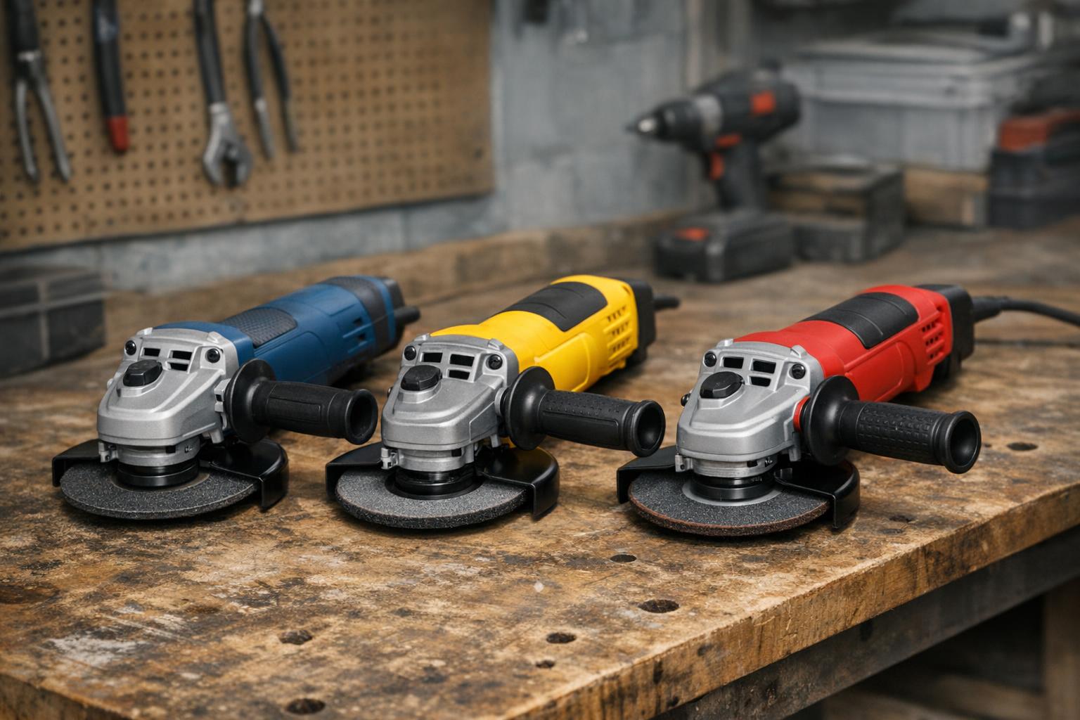 Porównanie szlifierek Bosch DeWalt Milwaukee na stole roboczym